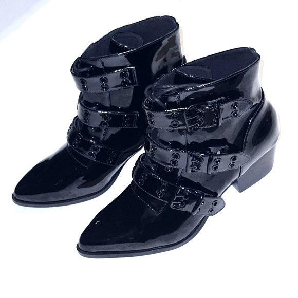YRU Aura strapped ankle boots - BLACKOUT patent buckle booties - size 10 NWT - Picture 1 of 10